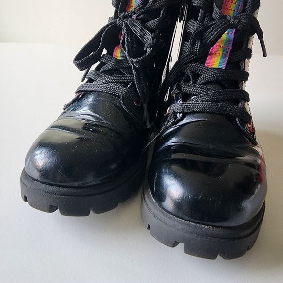 Joe Combat Boots Kids Size 2 Black Chunky Sole Size Zip Girls Patent Shiny Shoes - Picture 11 of 12